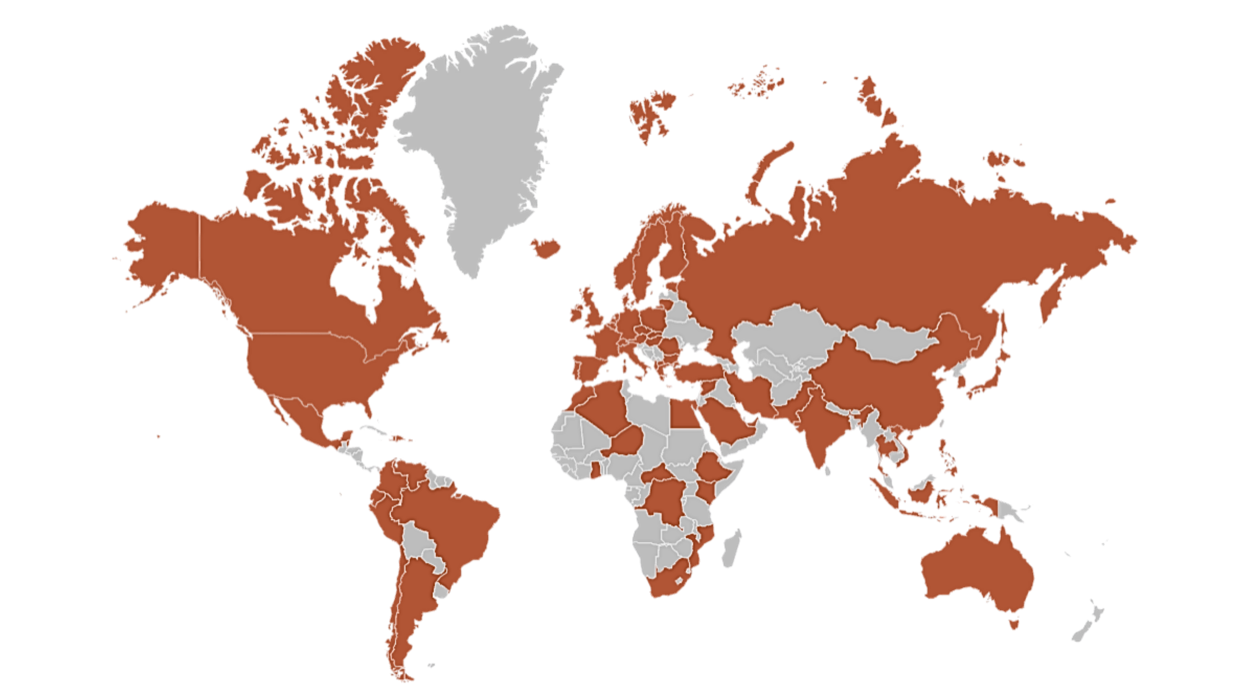 World map highlighting the countries where the Amaret Foundation has been active